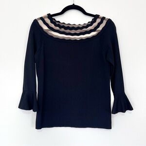 Lucy Paris Zigzag Mesh Boatneck 3/4 Sleeves Wendy Sweater in Black Medium